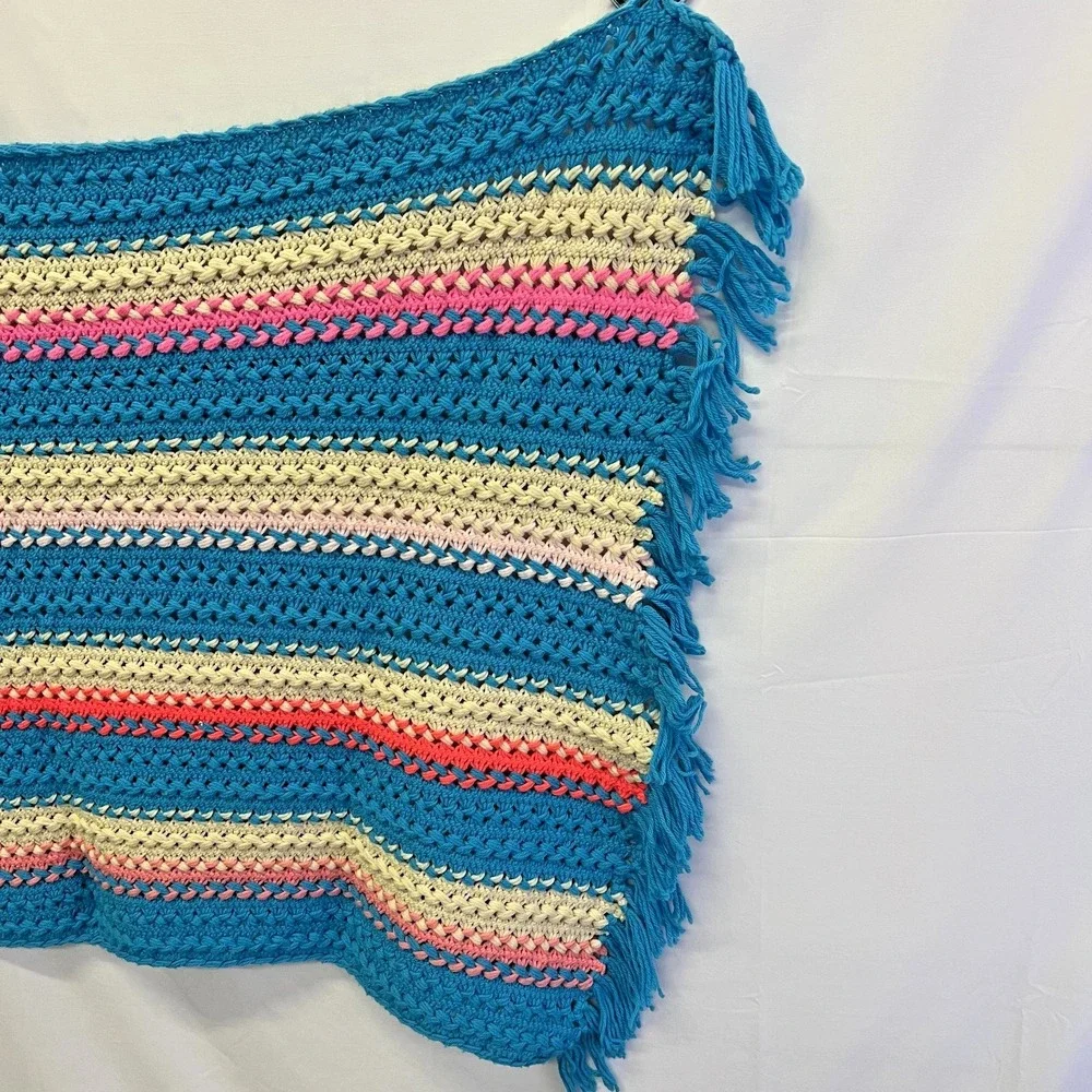 Vtg Afghan Crochet Blanket Handmade Fringed Throw 50x29 Baby‎ Blue Pink Cream